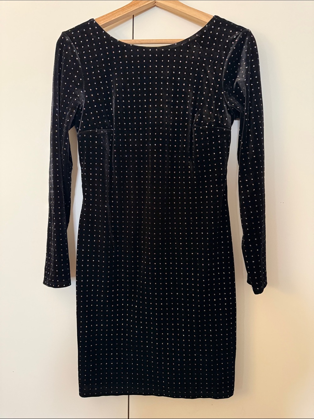 Black Velvet Long-Sleeve Mini Dress with Glitter Detail